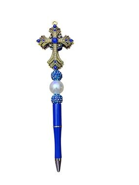 Gold Cross Pen with Blue Beads Handmade By AB INKS HANDMADE EXPRESSIONS